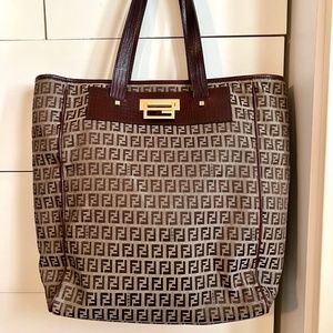 Authentic Classic FENDI Brown FF Logo Canvas Tote Shopper Large Size